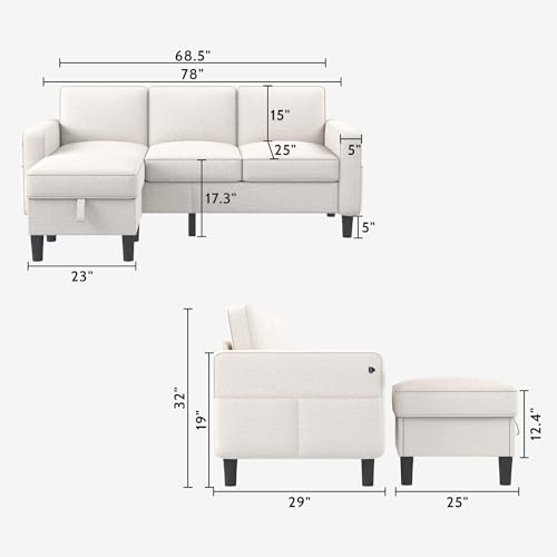 Beige L-Formed Sectional Couch Set for Residing Room: 3-Seater Sofa with Storage Ottoman and USB Charging Port - Excellent for Flats, Lofts, and Small Areas