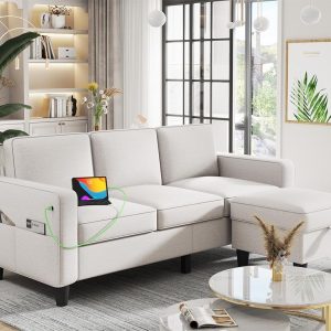 Beige L-Formed Sectional Couch Set for Residing Room: 3-Seater Sofa with Storage Ottoman and USB Charging Port – Excellent for Flats, Lofts, and Small Areas