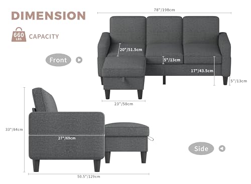 Fashionable Gray Sectional Sofa for Residing Room: L-Formed Couch with Storage Ottoman - 3-Seater Linen Cloth Futon Sleeper Furnishings Set for Small Areas and Residences