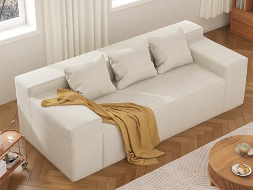 Modern 3-Seat Couch, Prepared-to-Use Hybrid Couch in a Field, Comfy Sofa with 3 Coordinating Pillows, Cat-Scratch Resistant Material, Splendid for Dwelling Room or Bed room, Beige