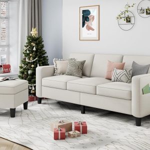 Trendy Beige L-Formed Sectional Couch Set for Dwelling Room – 3-Seater Sofa with Storage Ottoman – Linen Cloth Futon Sleeper for Small Areas, Residences, and Studios