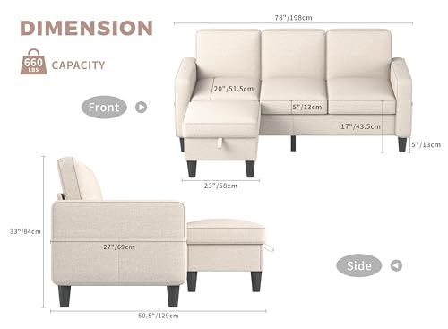 Trendy Beige L-Formed Sectional Couch Set for Dwelling Room - 3-Seater Sofa with Storage Ottoman - Linen Cloth Futon Sleeper for Small Areas, Residences, and Studios