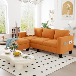 ZeeFu Trendy Orange Velvet Convertible Sectional Couch, Basic 3-Seat L-Formed Sofa with Detachable Ottoman, Preferrred Small Couch Set for Residences