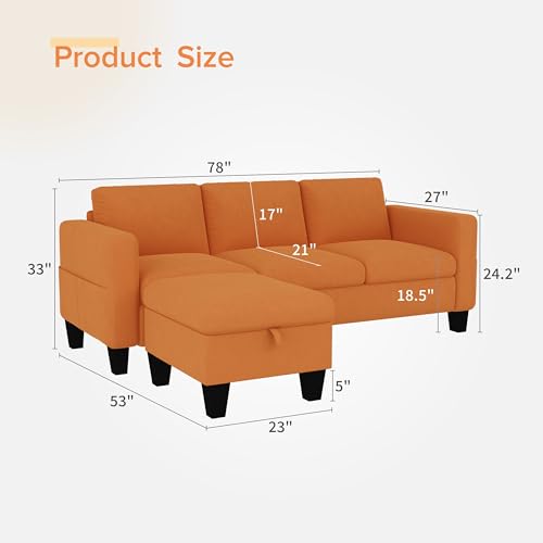 ZeeFu Trendy Orange Velvet Convertible Sectional Couch, Basic 3-Seat L-Formed Sofa with Detachable Ottoman, Preferrred Small Couch Set for Residences